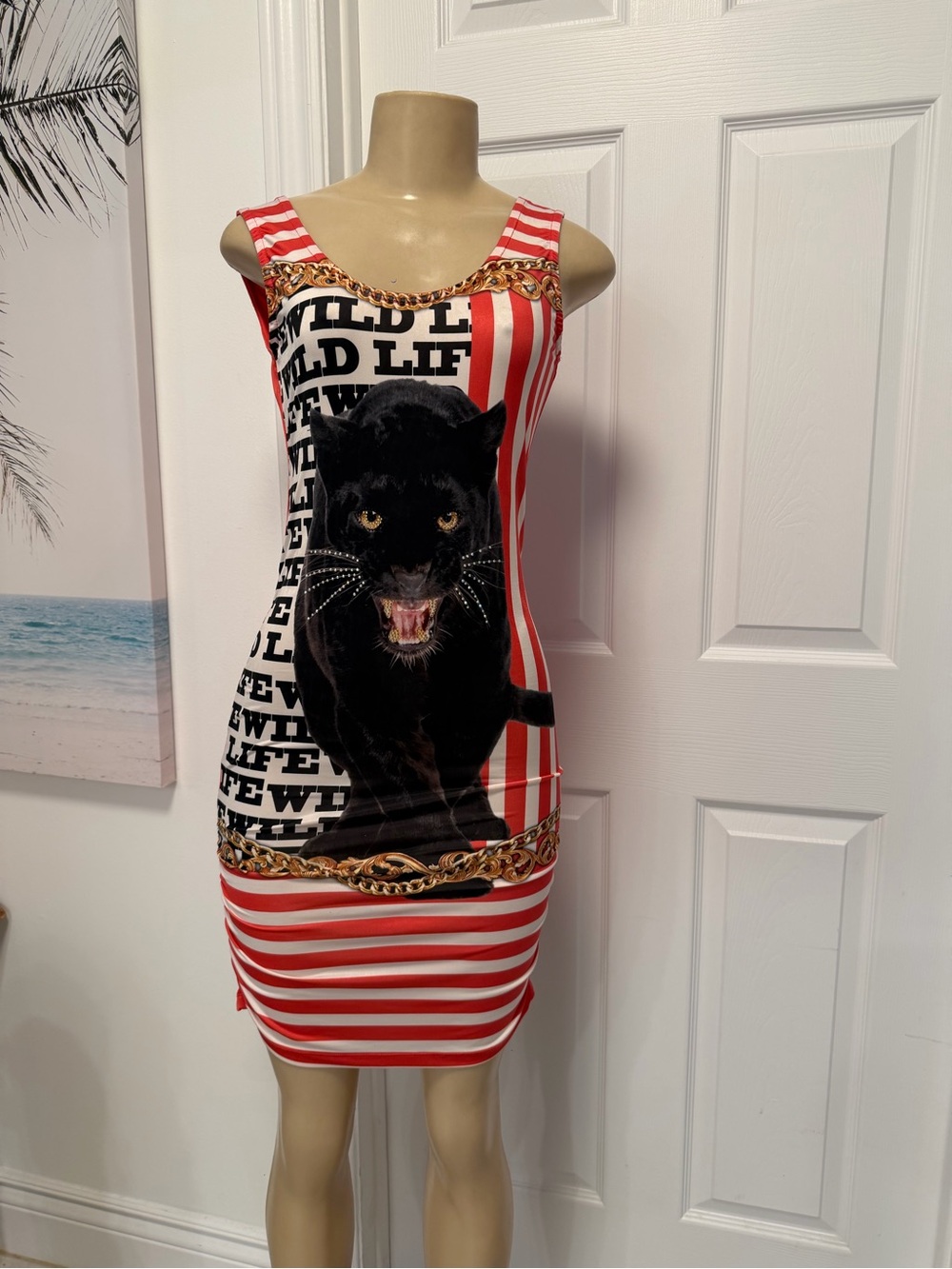 Red & White Striped Panther Print Sleeveless Dress